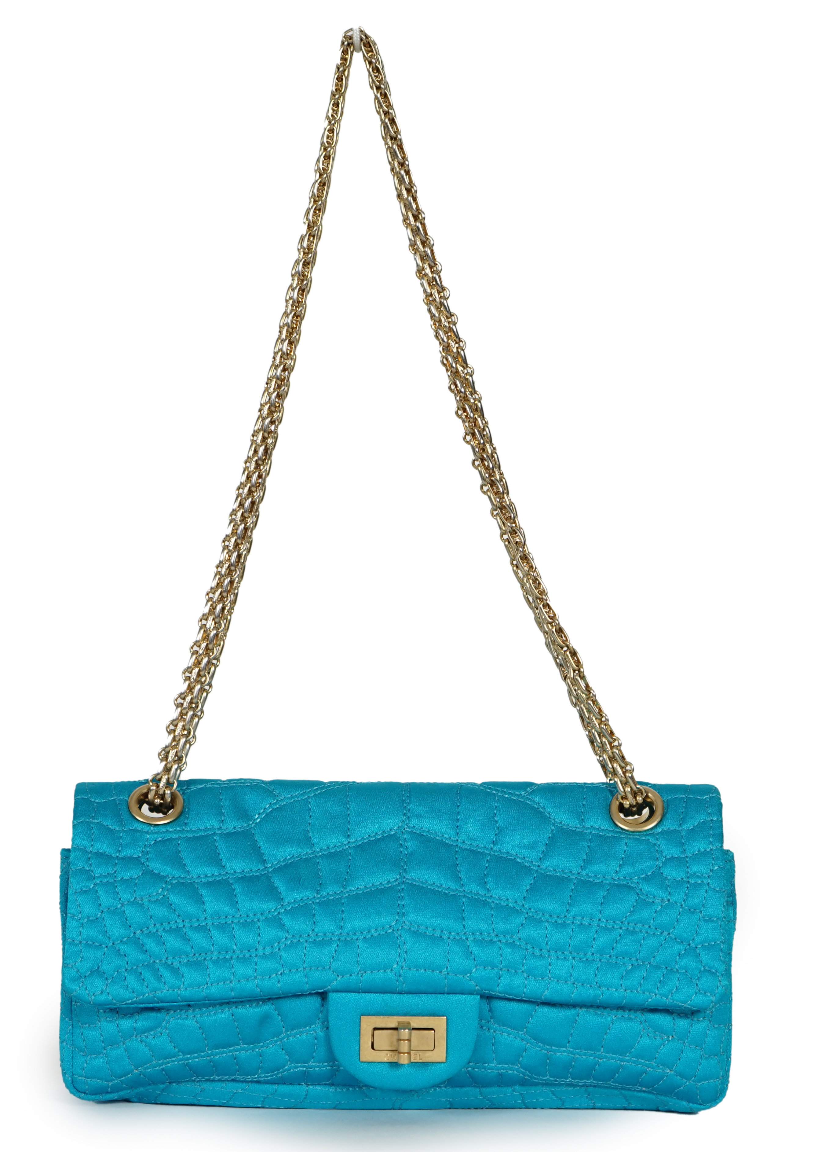 A Chanel medium-sized 2-55 bag in turquoise blue silk satin stitched with a quilted crocodile pattern, width 24cm, height 15cm, depth 6cm, Single handle 112cm, Double handles 65cm